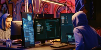 Malicious computer specialists in secret abandoned warehouse working together to get past anti tamper measures implemented by companies to protect their software, uploading crack to torrent websites