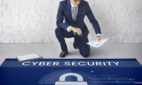 Man working on banner network graphic overlay on floor